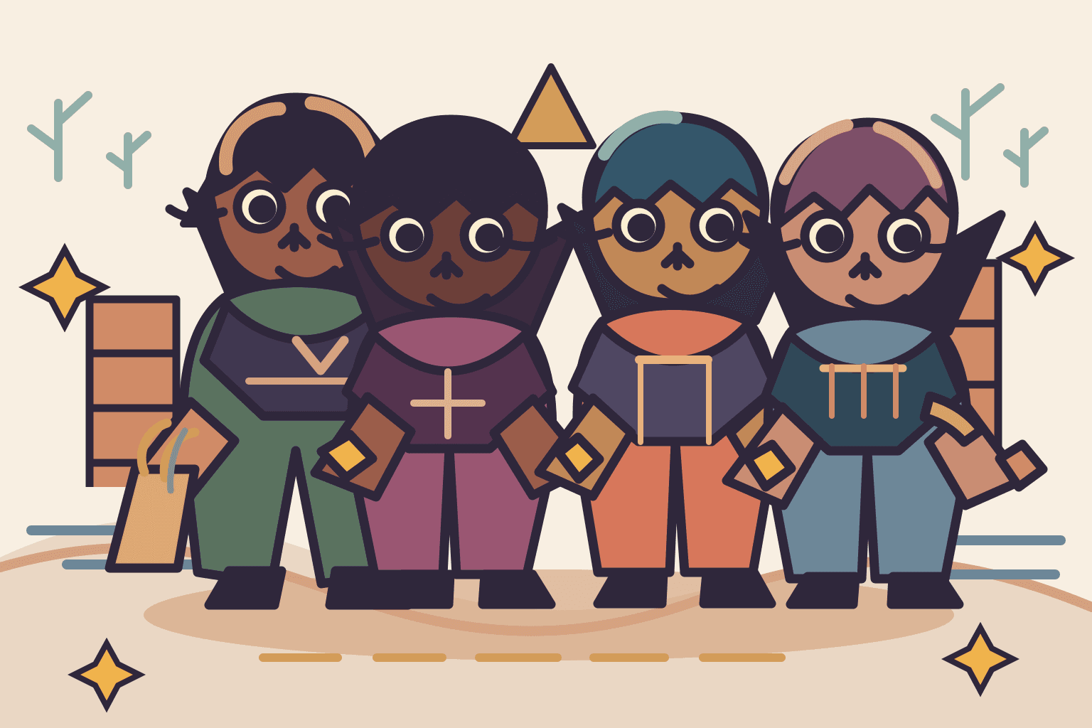Four original cat-eared characters with varied skin tones, hairstyles, and neighborhood-inspired outfits gathered in a welcoming city scene.